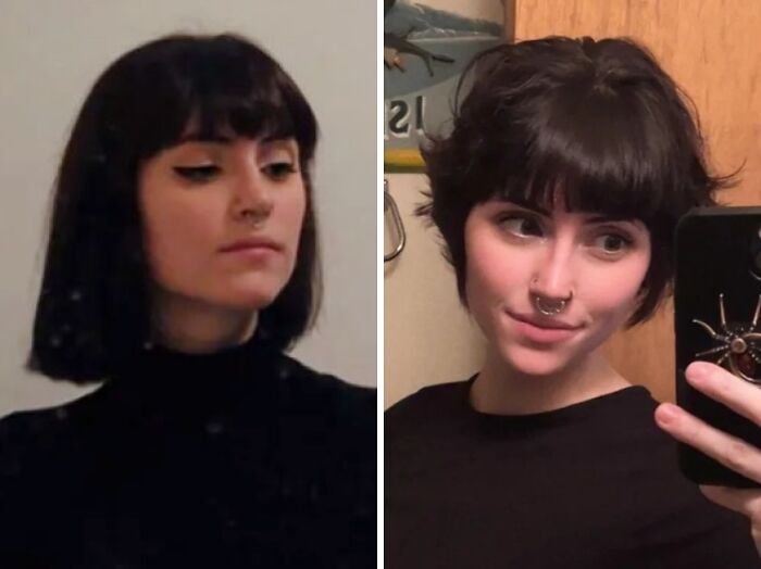 Side-by-side before and after haircut photos showing a dramatic transformation with a shorter hairstyle and bangs.