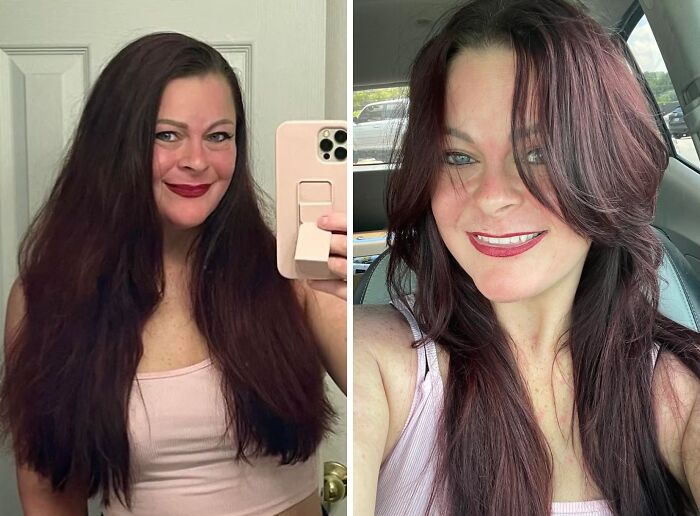 Woman showing a powerful haircut transformation with styled, layered hair in before and after photos.