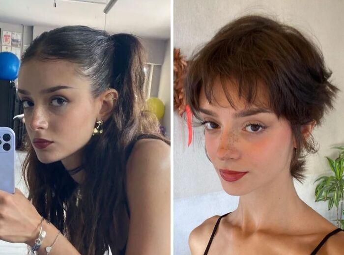 Side-by-side before and after pics showing a powerful haircut transformation on a young woman with different hairstyles.