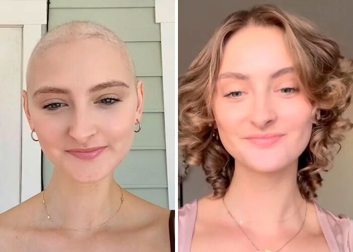 Before and after photos showing the powerful impact of a haircut with a transformation from shaved head to curly hair style.