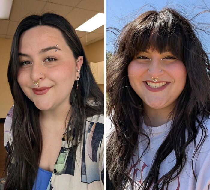 Before and after pics showing the powerful effect of a haircut on a woman with long dark hair and facial piercings.