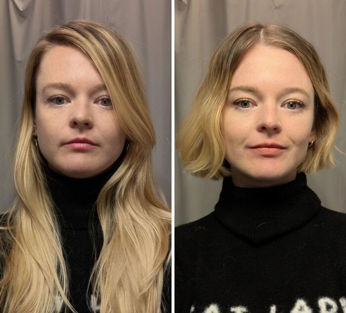 Before and after haircut showing a woman’s transformation with a shorter, styled blonde haircut highlighting the power of a haircut.