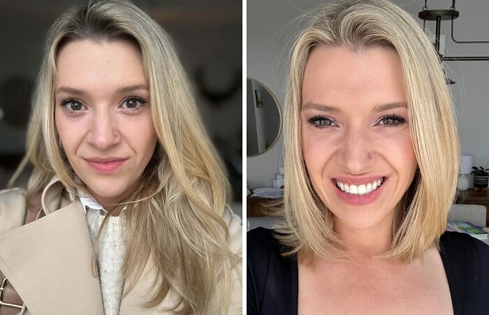 Before and after haircut transformation of a woman with long blonde hair styled into a shorter, sleek bob haircut.