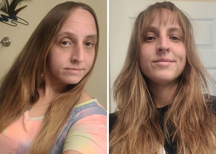 Woman showing before and after haircut with longer straight hair transformed to layered style with bangs.