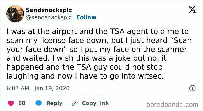 A tweet describing an embarrassing moment at the airport where someone put their face on a scanner.