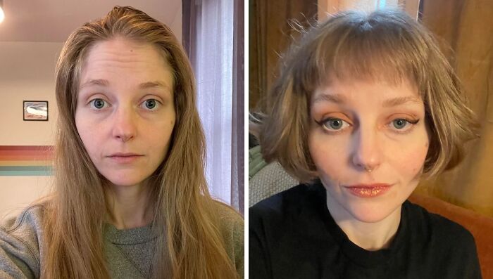 Before and after haircut transformation showing a powerful change with a short bob and styled bangs on a woman.