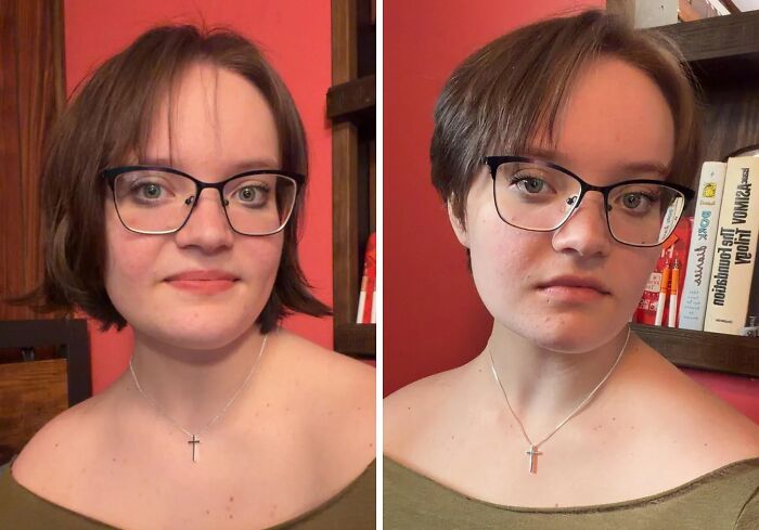 Before and after haircut transformation showing a powerful change with a shorter, styled haircut and glasses.