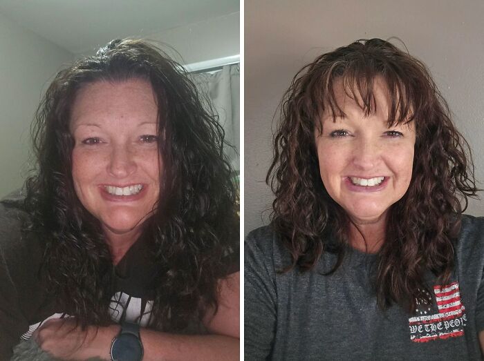 Before and after haircut photos showing the powerful transformation of curly hair with new styling and bangs.