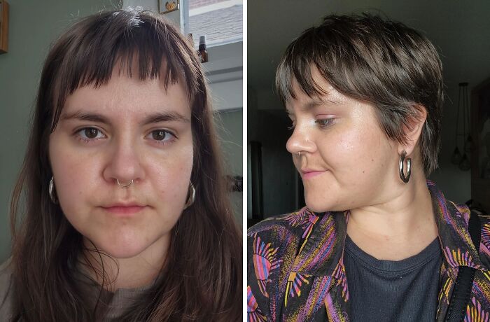 Before and after haircut transformation showing the powerful impact of a short, stylish haircut on appearance.