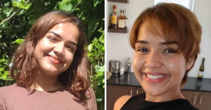 Side-by-side before and after photos showing the powerful transformation from a haircut on a smiling woman.