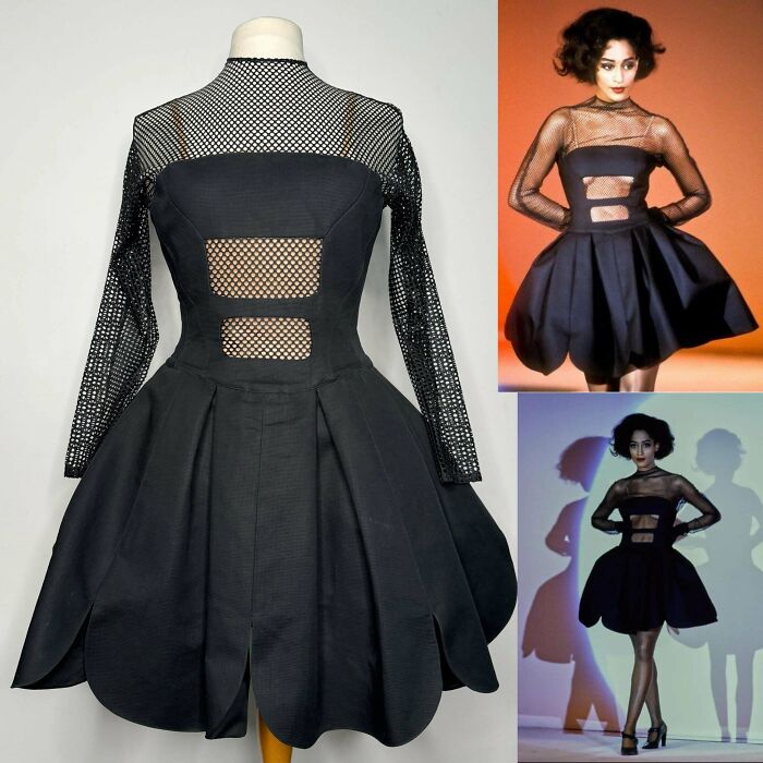 A black dress with mesh sleeves and cutouts, displayed on a mannequin and modeled, showcasing the unusual possessions true value.