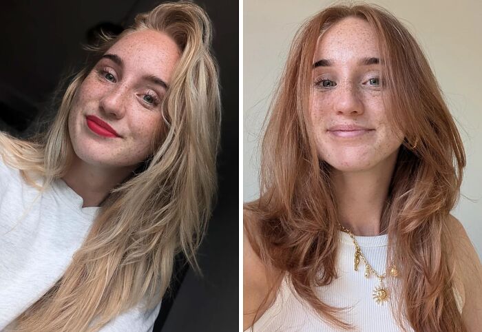 Side-by-side before and after hair transformation showcasing the power of a haircut and hair color change.