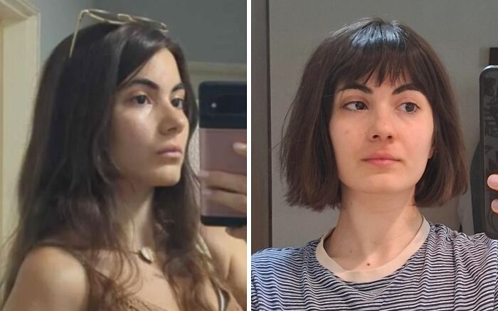 Side-by-side before and after haircut pics showing the powerful transformation of a woman’s hairstyle.