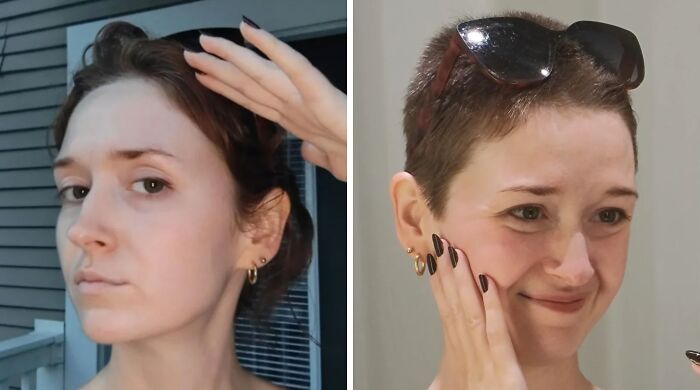 Side-by-side before and after photos showing the powerful transformation a haircut can achieve on a woman.