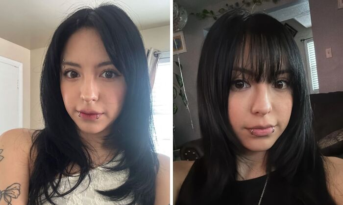 Before and after haircut transformation showing the power of a stylish new haircut on dark straight hair.
