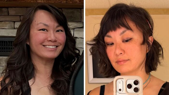 Side-by-side before and after pics showing the powerful transformation of a haircut on a woman’s appearance.