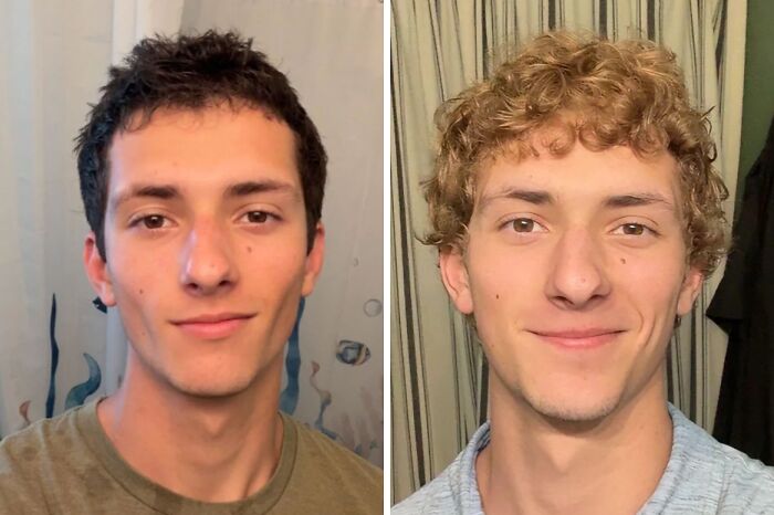 Side-by-side before and after pics showing the powerful impact of a haircut on a young man's appearance.