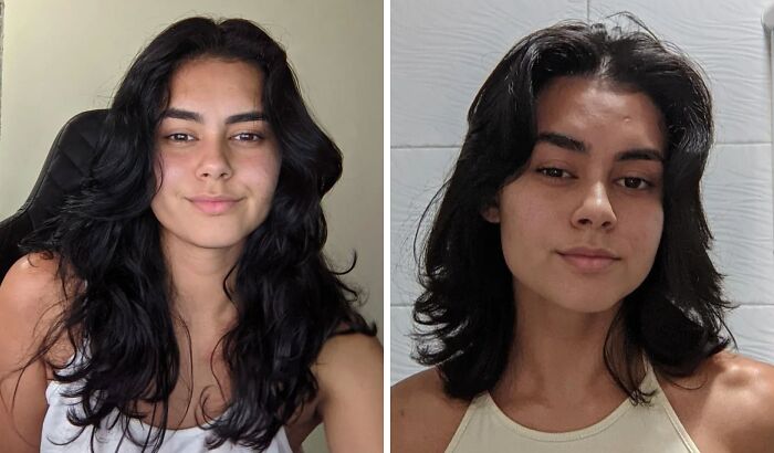 Before and after haircut transformation showing the powerful impact of a stylish, layered haircut on dark hair.