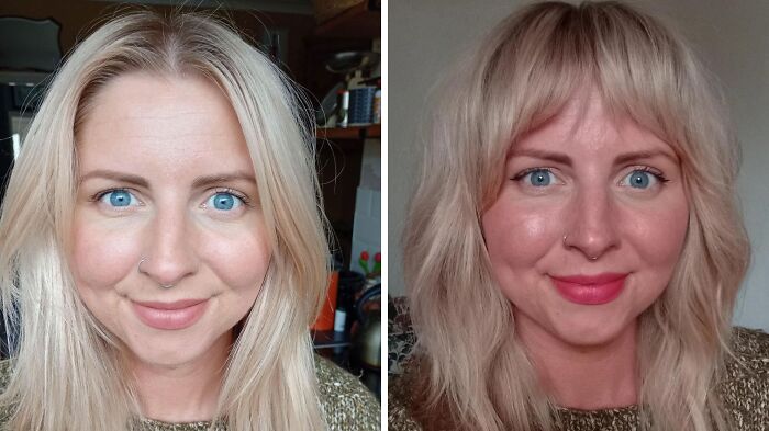 Side-by-side before and after pics showing the powerful transformation of a woman’s haircut and new hairstyle.