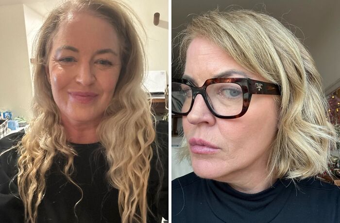 Side-by-side before and after images showing the powerful transformation of a haircut on a woman with blonde hair.