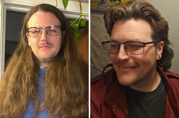 Before and after haircut photos of a man showing the powerful transformation with shorter, styled hair and a fresh look.