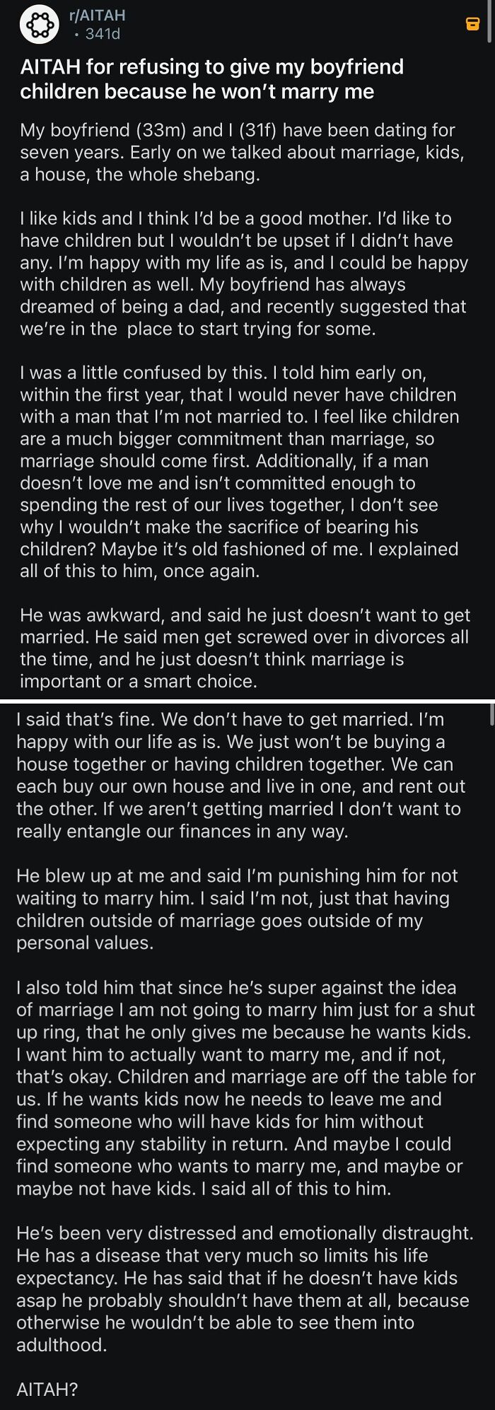A screenshot of a Reddit post about a woman refusing to have children with her boyfriend who won't marry her. It discusses relationship red flags.