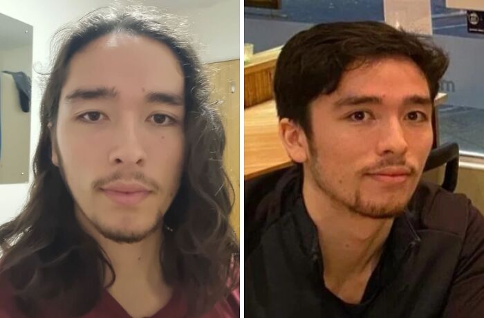 Before and after pics showing the powerful transformation of a haircut on a man's appearance and style.