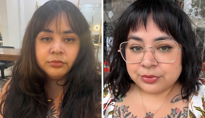 Before and after haircut transformation showing the powerful impact of a stylish new haircut and glasses update.