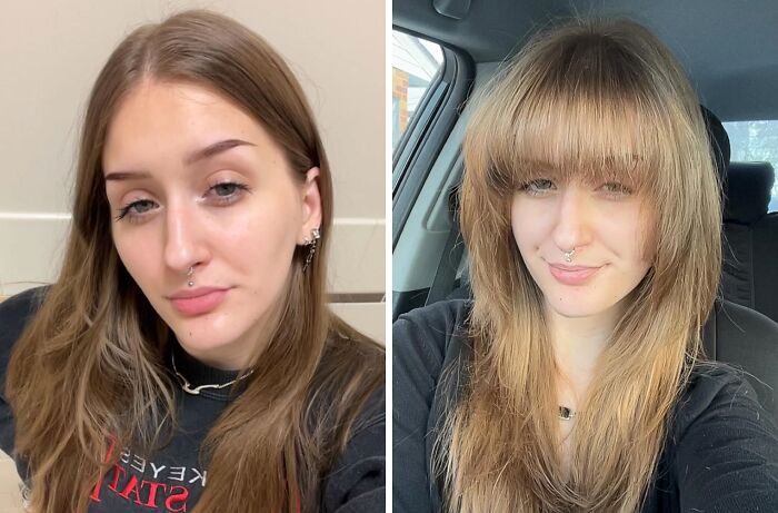 Side-by-side before and after pics showcasing the powerful transformation a haircut can create on long hair.