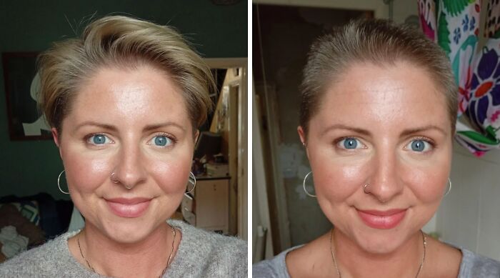 Side-by-side before and after pics showing the powerful impact of a haircut on a woman's appearance.