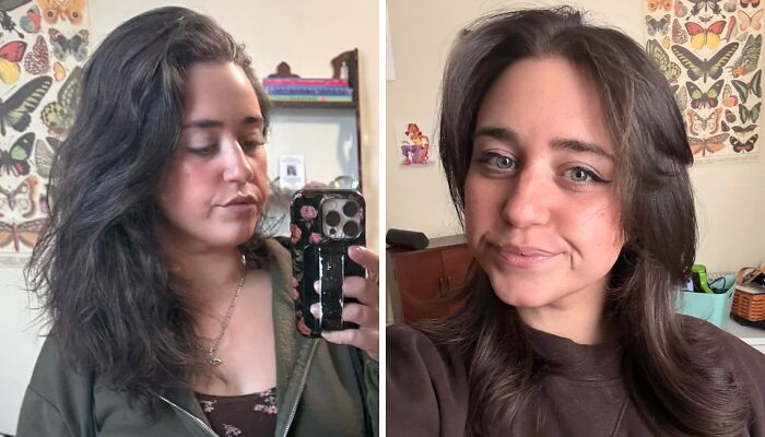 Side-by-side before and after photos showing the powerful transformation of a haircut on a woman with dark hair.