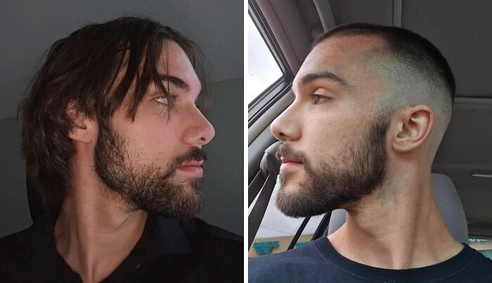 Side-by-side before and after pics showing the powerful impact of a haircut on a man's hairstyle and appearance.