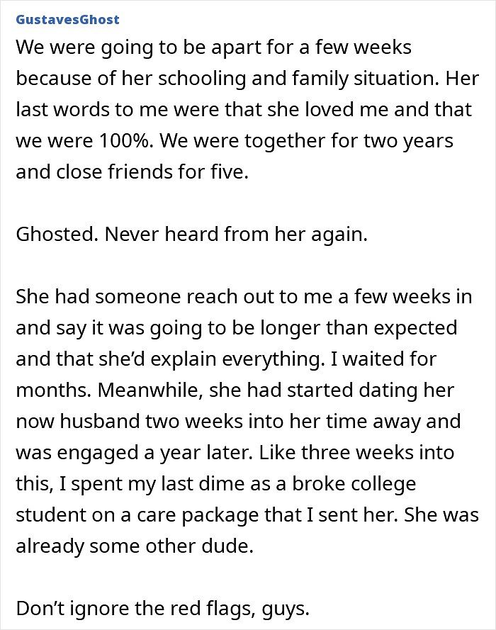 A Reddit post shares a story of being ghosted and financially exploited. This reveals red flags that made them end things.