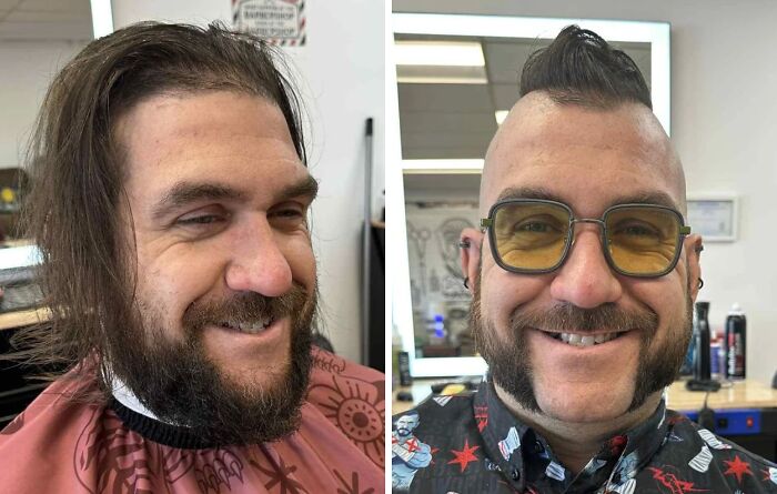 Before and after haircut showing a dramatic transformation with a stylish shave and trimmed facial hair in a barbershop setting.