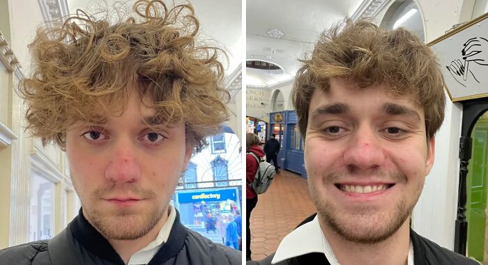 Before and after haircut showing transformation with shorter, styled hair that enhances appearance and confidence.