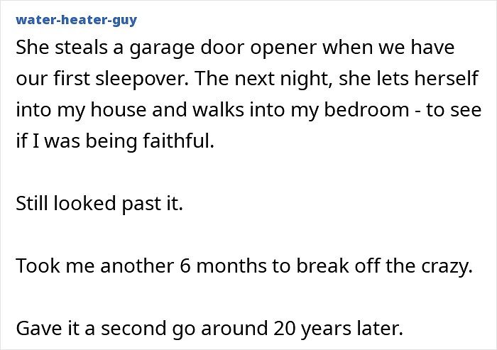 A screenshot of a Reddit comment detailing a partner's extreme behavior, a clear red flag.