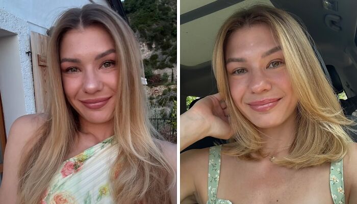 Side-by-side before and after pics showing the powerful transformation a haircut can achieve on long blonde hair.