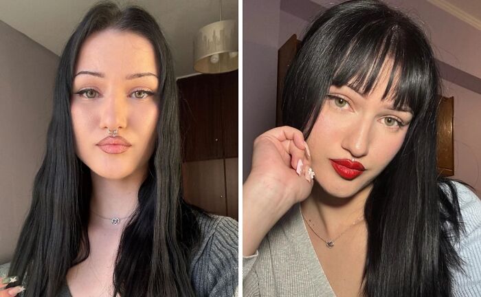 Side-by-side before and after haircuts showing transformation with a fresh style and bangs change.