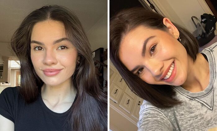 Before and after haircut photos showing the transformation and power of a stylish new haircut on a young woman.