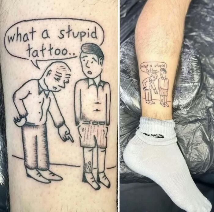 A weird image of a tattoo depicting an old man pointing at a younger man's ankle tattoo of the same image, saying, "What a stupid tattoo..."