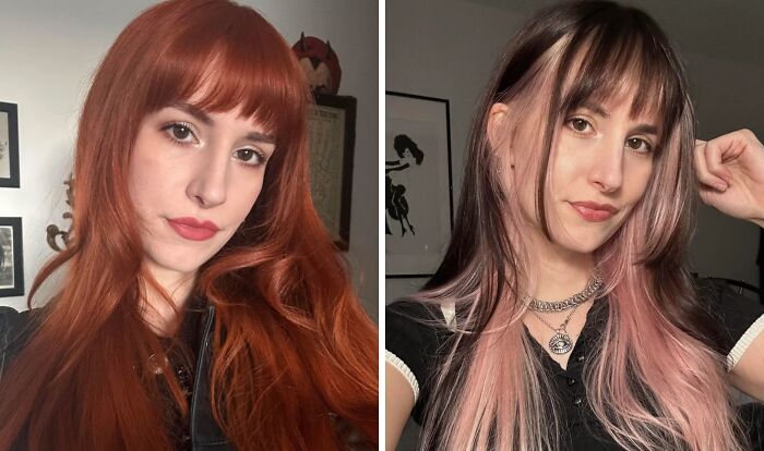 Side-by-side before and after pics of a woman showing the powerful transformation from a haircut and color change.