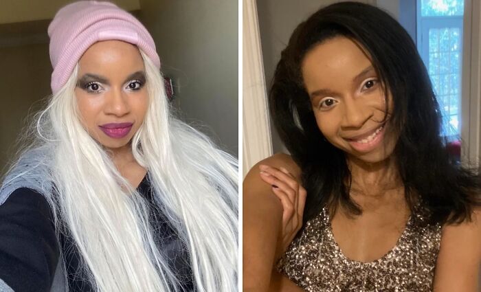 Woman showing powerful haircut transformation with long platinum blonde hair and then natural dark haircut smiling indoors.