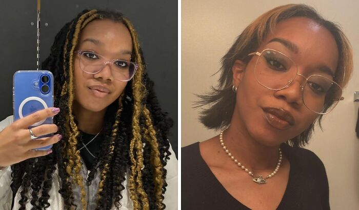 Before and after haircut pics showing a dramatic transformation with long curly hair cut into a short stylish look.