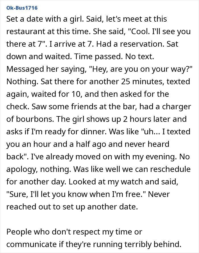 A Reddit user describes a bad date as a red flag, illustrating why they end things with someone who disrespects their time.