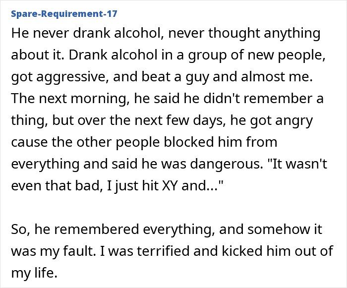 A text describing a dangerous red flag: a partner's aggressive behavior while drinking alcohol. This story reveals a red flag.