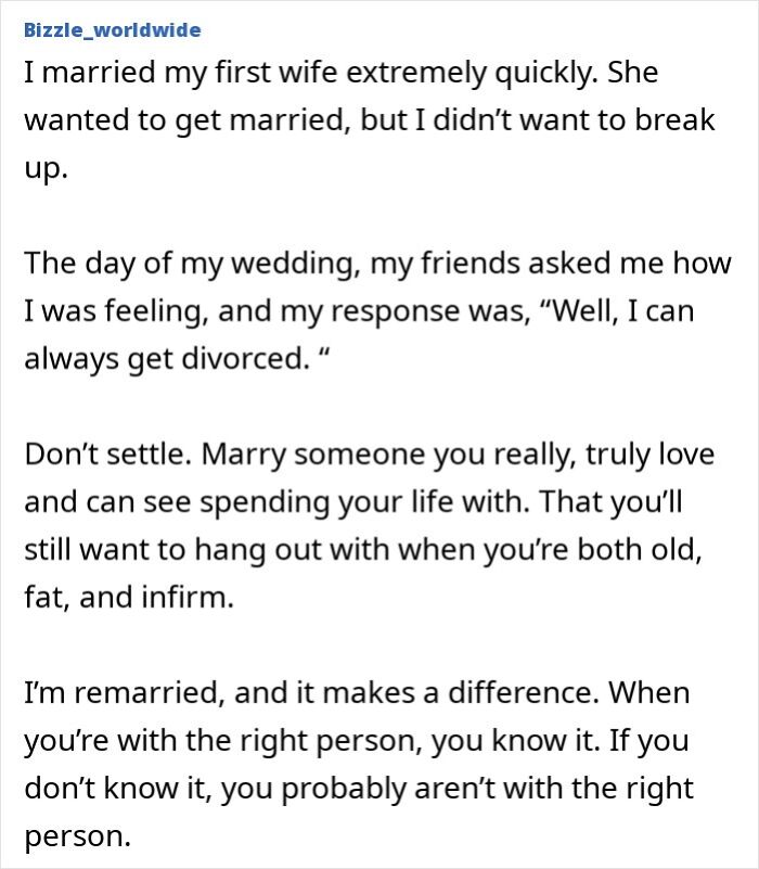 A Reddit post sharing a personal story about marriage, divorce, and red flags, emphasizing not settling.