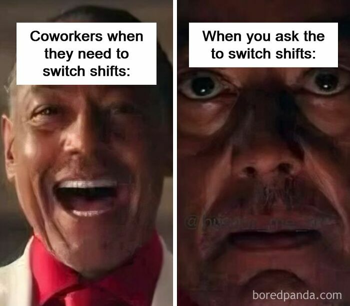 Side-by-side healthcare meme showing coworkers happy to switch shifts versus shocked when asked to switch shifts.
