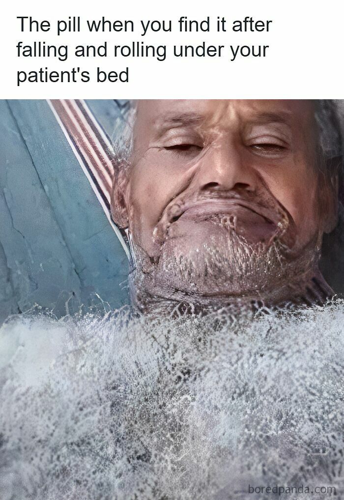 Man lying under a bed covered in dust and cobwebs, representing a funny healthcare meme about finding a pill.