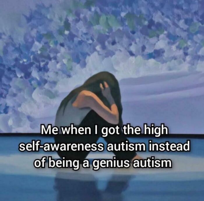 A person sits slumped, head in hands, against a blue and purple textured background, illustrating relatable memes.