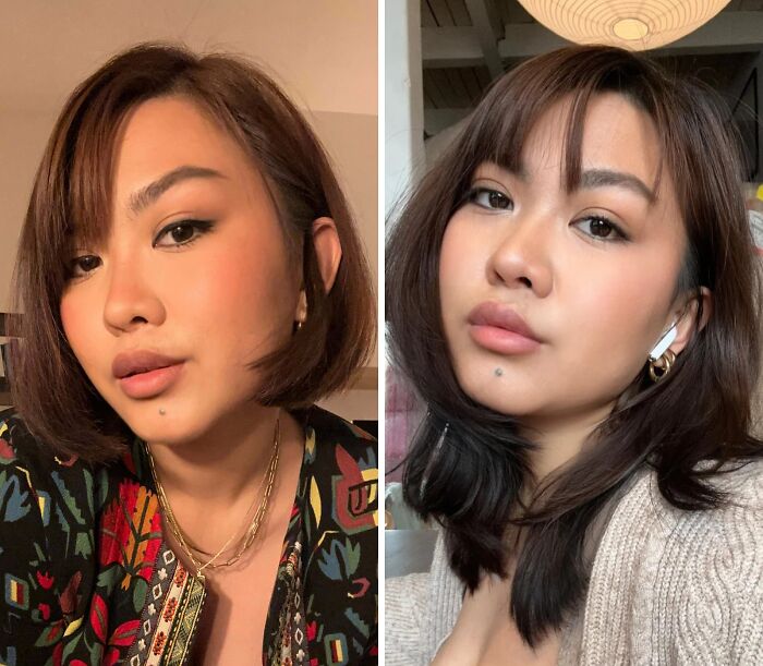 Side-by-side before and after photos showing the powerful transformation of a haircut on a woman.